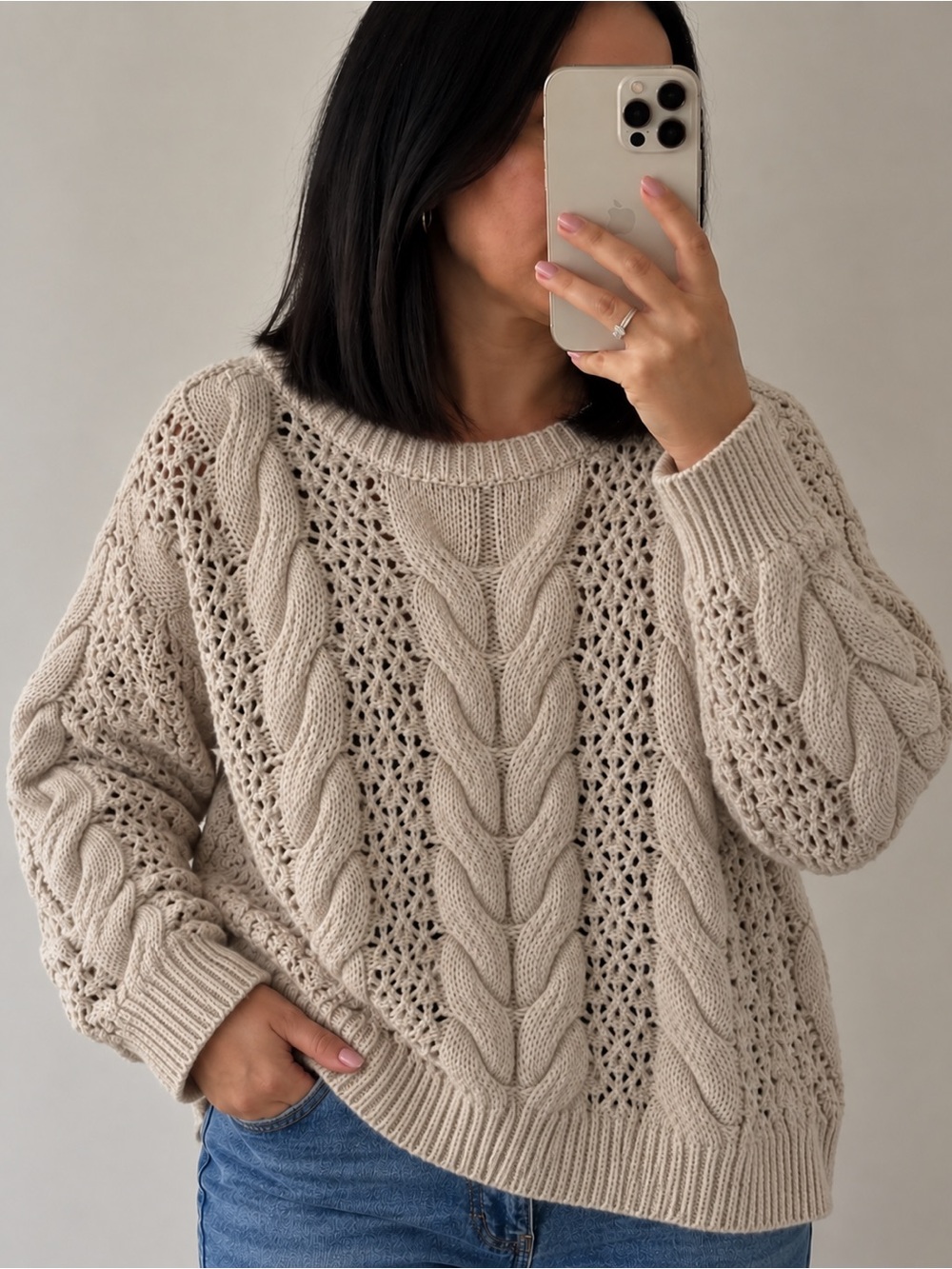 Lucky Brand Beige/Cream Cable & Openwork Crewneck Sweater